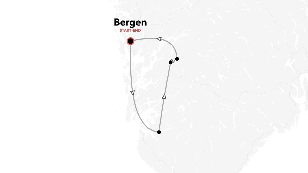 Una mappa minimalista che illustra un itinerario di viaggio che inizia e finisce a Bergen, con diverse tappe indicate lungo un percorso ad anello.
