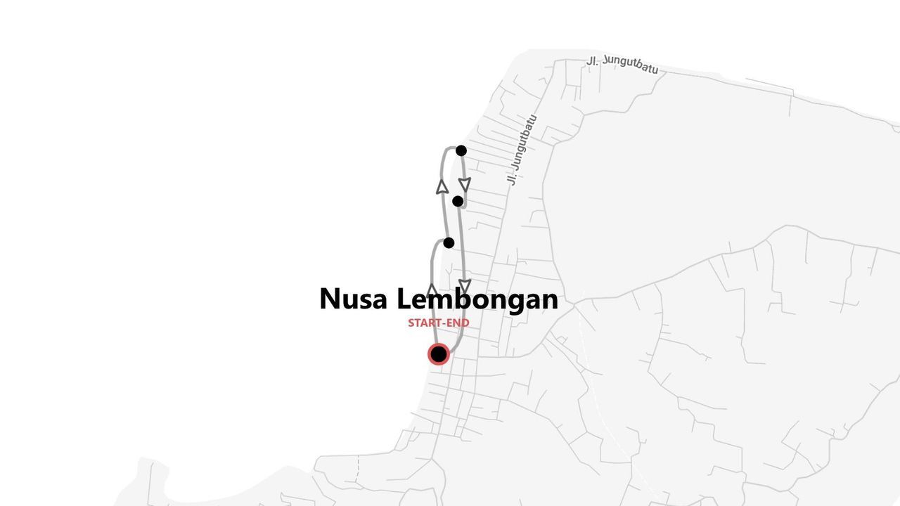 Mappa stilizzata di Nusa Lembongan che illustra un itinerario di viaggio con tappe e un punto di partenza e arrivo combinato.