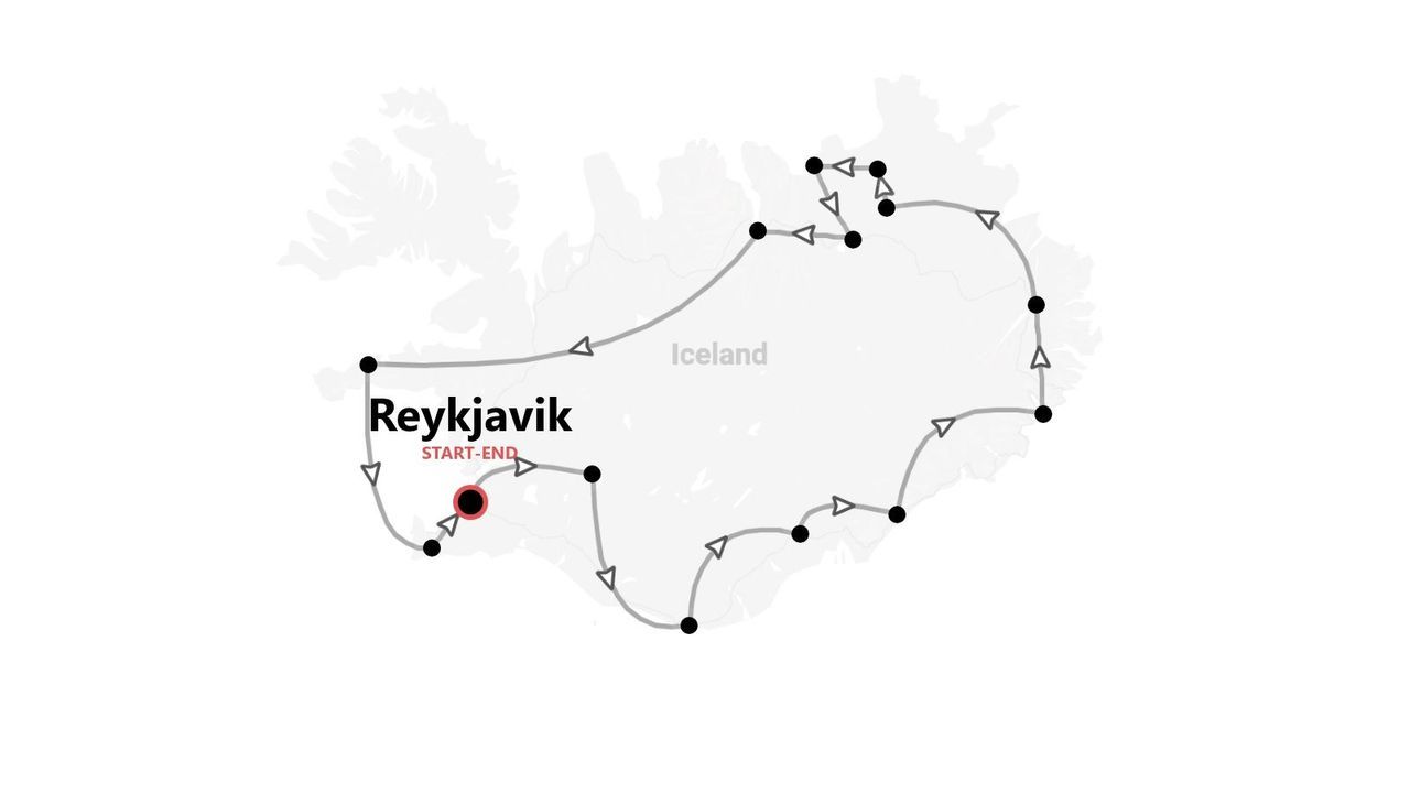 Mappa dell'Islanda con itinerario di viaggio da e per Reykjavik, lungo la costa.