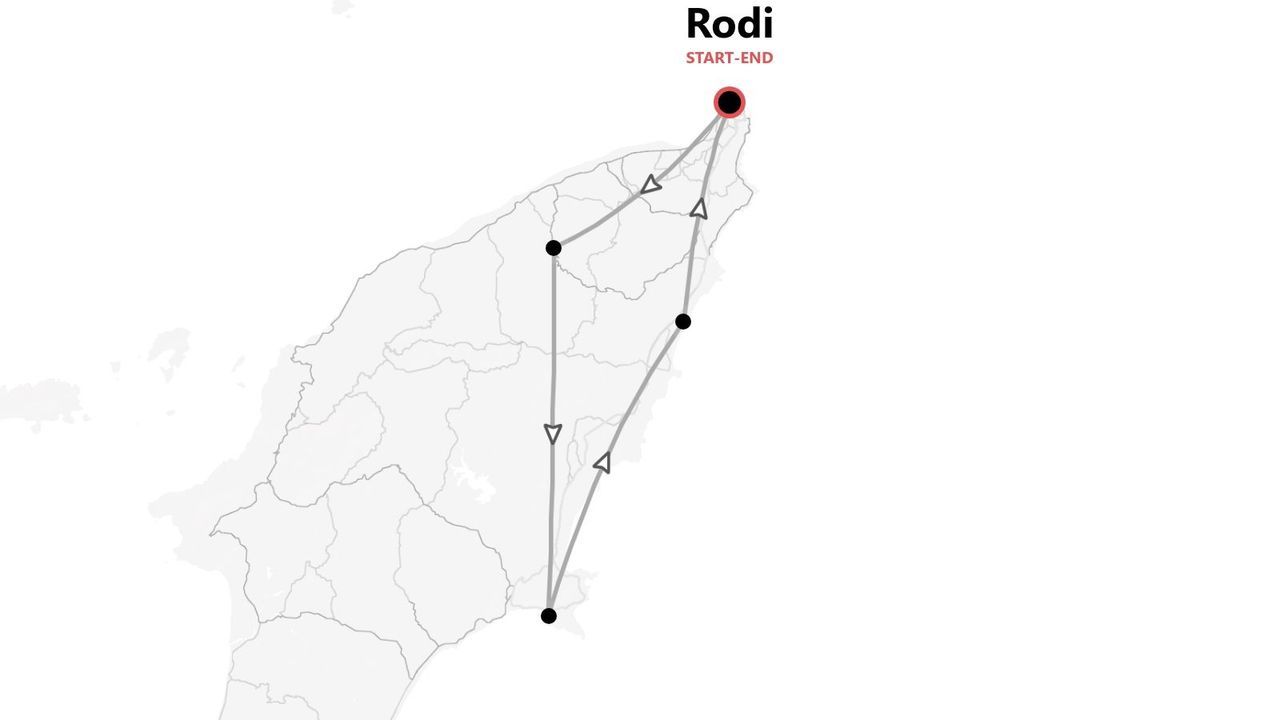 Una mappa minimalista che mostra un itinerario di viaggio sull'isola di Rodi, con i punti di inizio e fine segnati nella punta settentrionale.