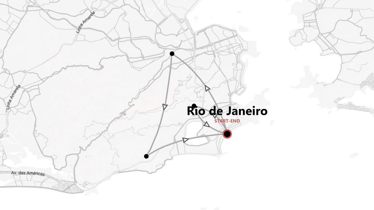 Mappa di Rio de Janeiro con itinerario di viaggio a tappe multiple, con unico punto di partenza e arrivo.