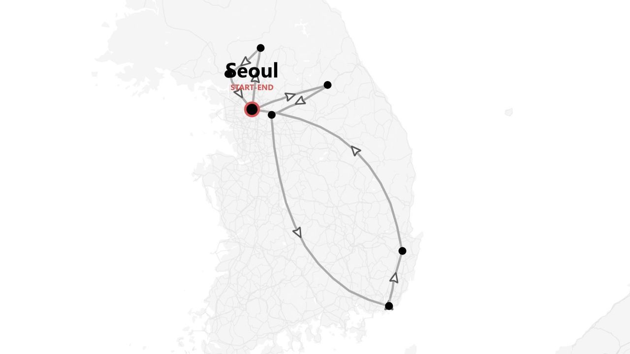 Una mappa della Corea del Sud che mostra un itinerario di viaggio con più tappe. Il percorso inizia e finisce nella città di Seul.