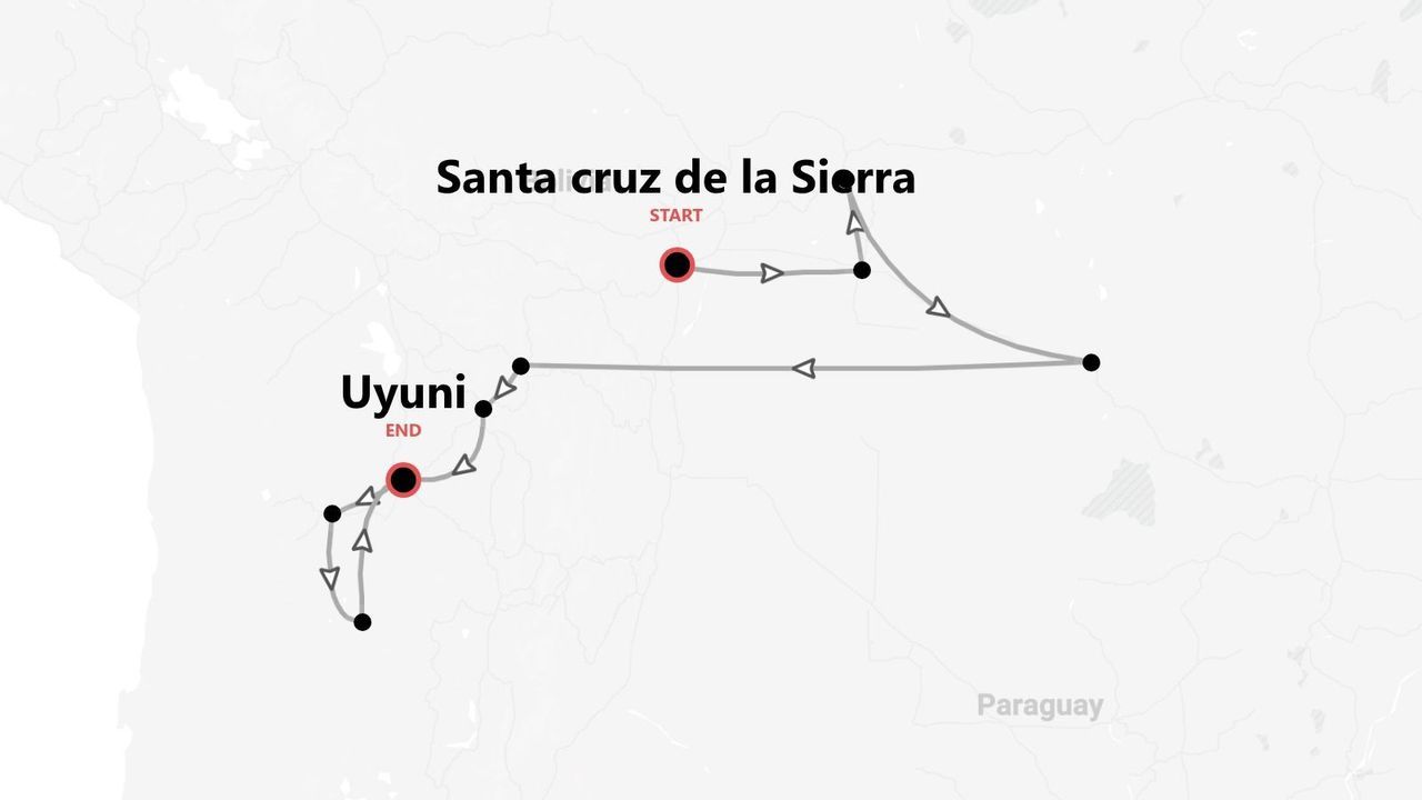 Mappa di un itinerario di viaggio da Santa Cruz de la Sierra a Uyuni