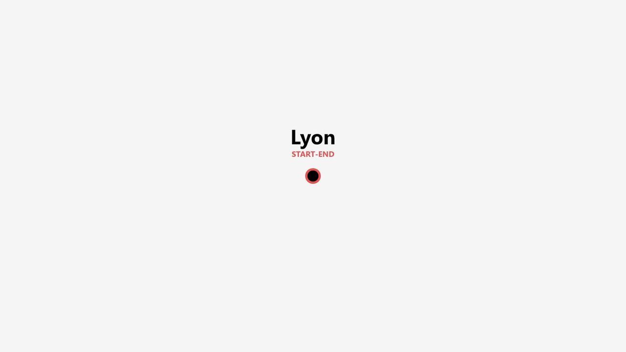 Una grafica minimalista con la parola 'Lione' in nero. Sotto, 'INIZIO-FINE' è scritto in rosso, sopra un'icona circolare rossa e nera.