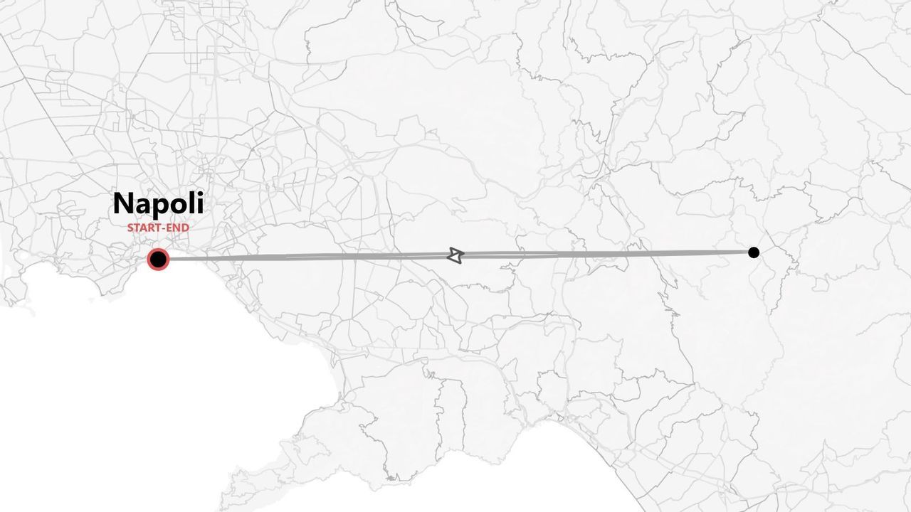 Mappa stilizzata di un itinerario di viaggio che parte e arriva a Napoli, Italia, evidenziato da una puntina rossa.