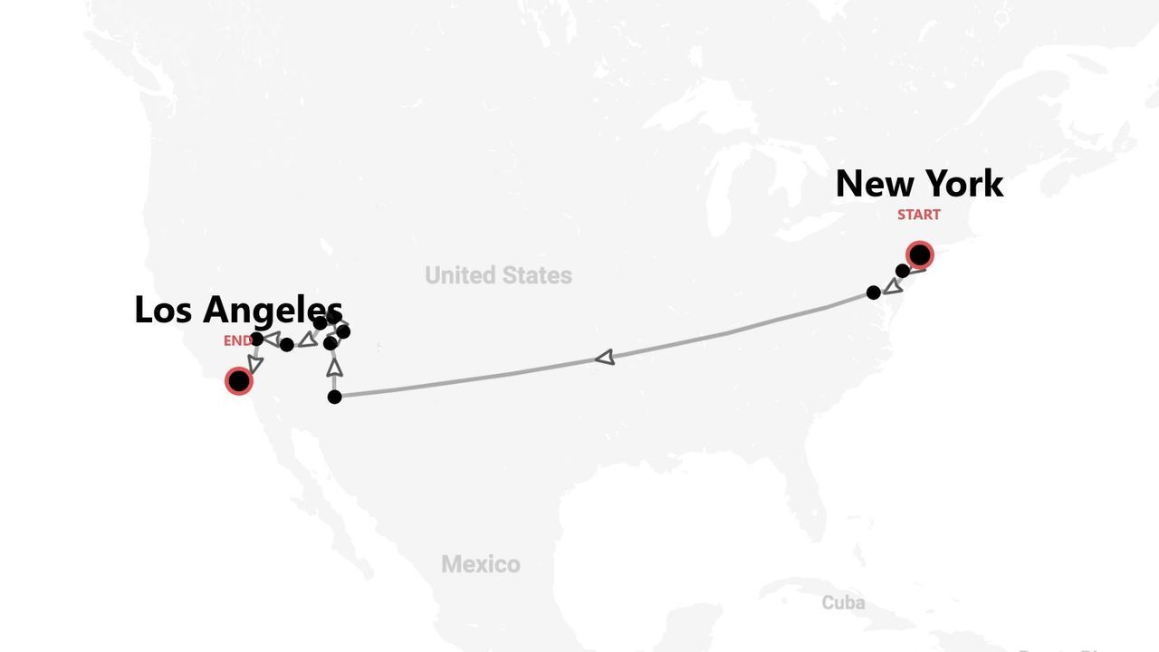 Una mappa degli Stati Uniti che mostra un itinerario di viaggio che inizia a New York e finisce a Los Angeles.