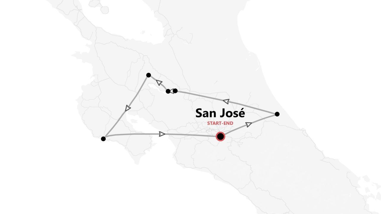 Mappa di un itinerario turistico che mostra un percorso con inizio e fine a San José.