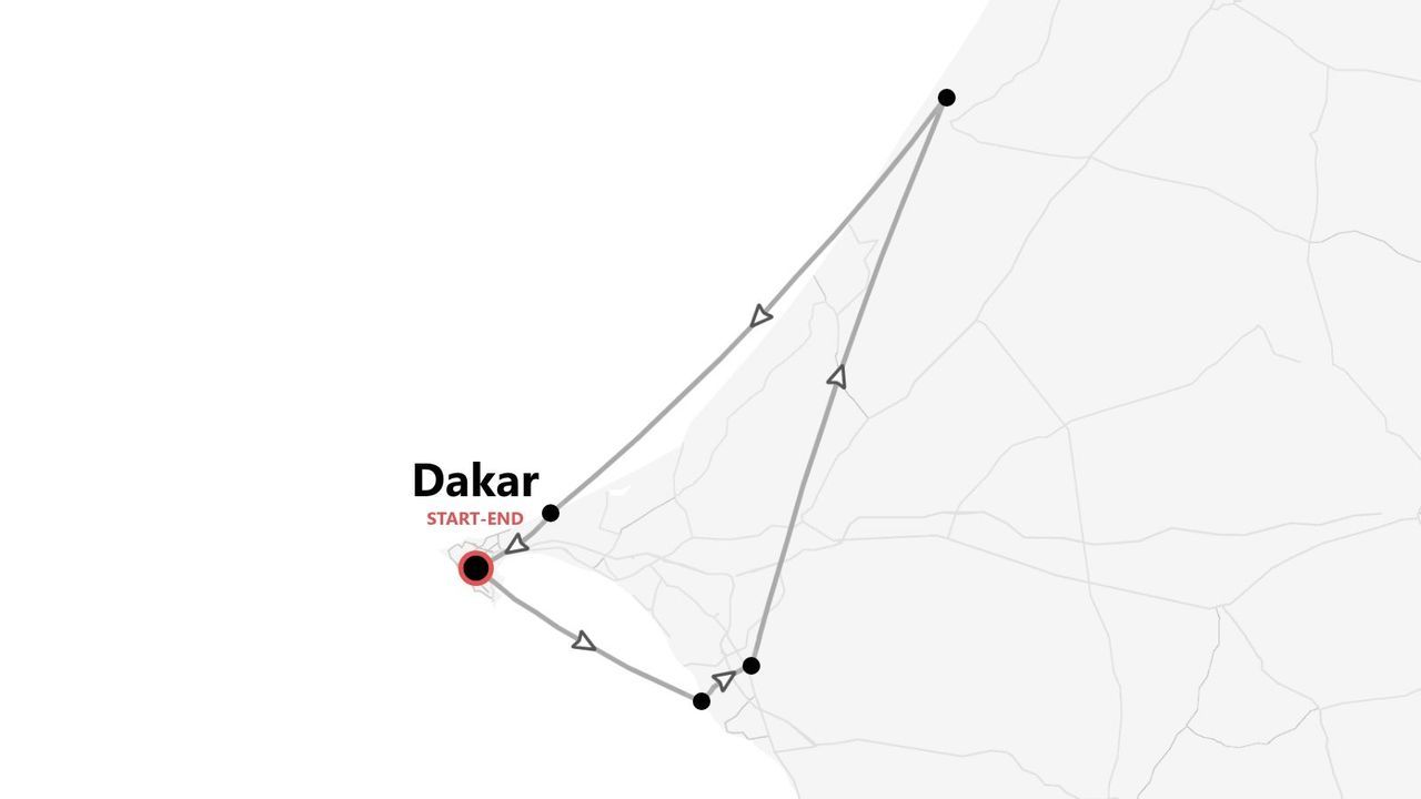 Una mappa in bianco e nero che illustra un itinerario di viaggio ad anello con partenza e arrivo a Dakar.