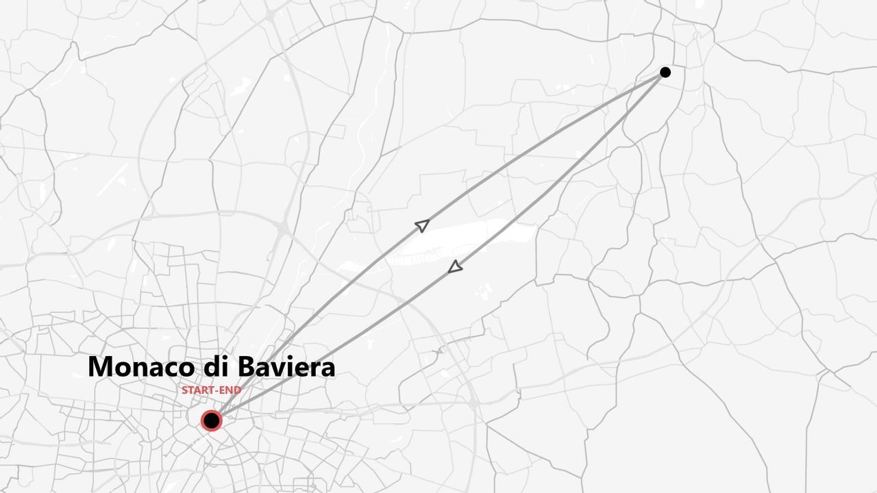 Una mappa grafica che illustra un itinerario di viaggio con punto di partenza e arrivo a Monaco di Baviera.