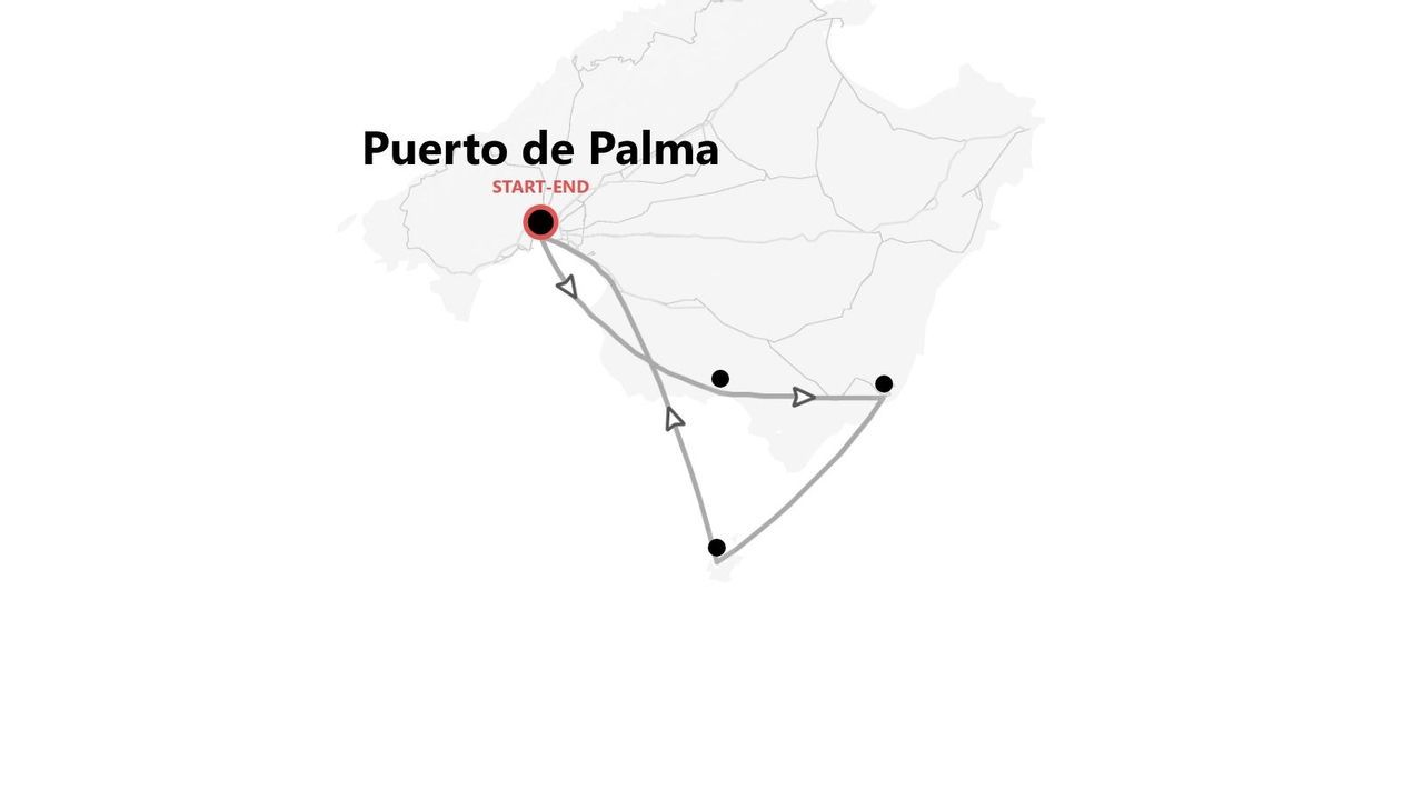 Una mappa minimalista che mostra un itinerario di viaggio con più tappe. Il percorso inizia e finisce a Puerto de Palma.
