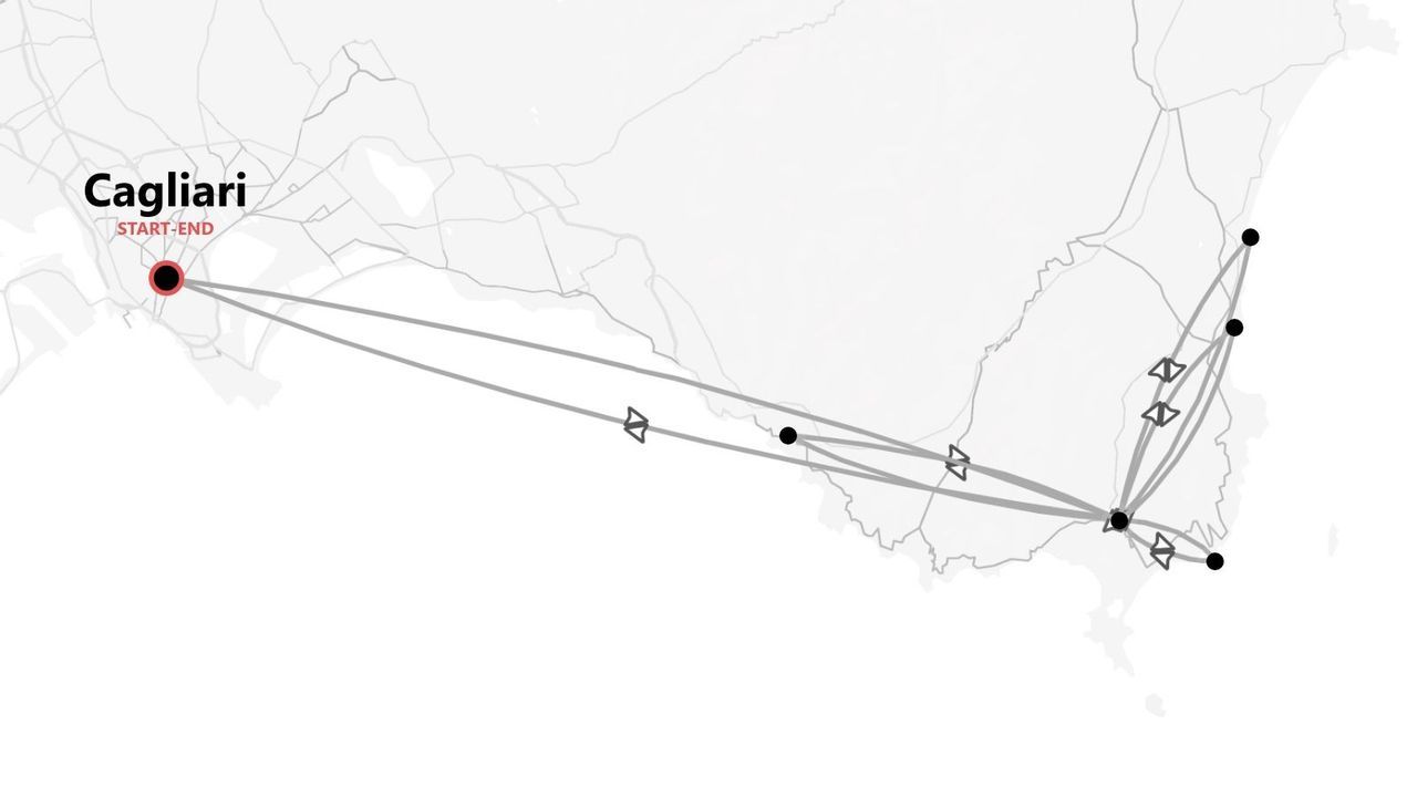 Una mappa stilizzata che mostra un itinerario di viaggio che inizia e finisce a Cagliari, con il percorso tracciato in linee grigie verso la costa orientale.