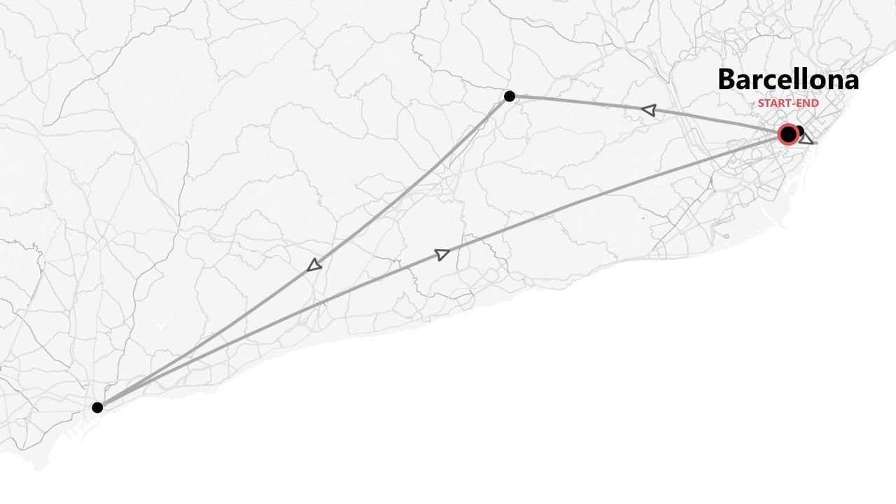 Una mappa stilizzata che mostra un itinerario di viaggio a tre tappe, con partenza e arrivo a Barcellona.