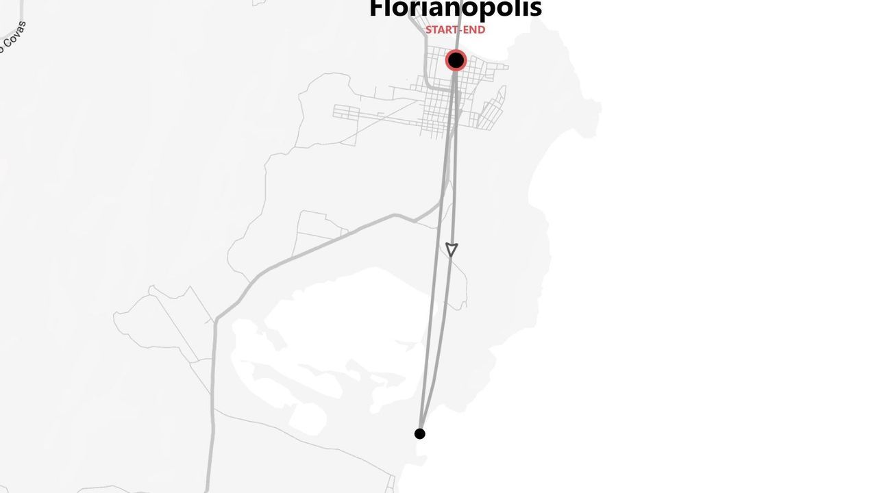 Una mappa in bianco e nero che mostra un itinerario di viaggio con un percorso che inizia e finisce a Florianopolis.