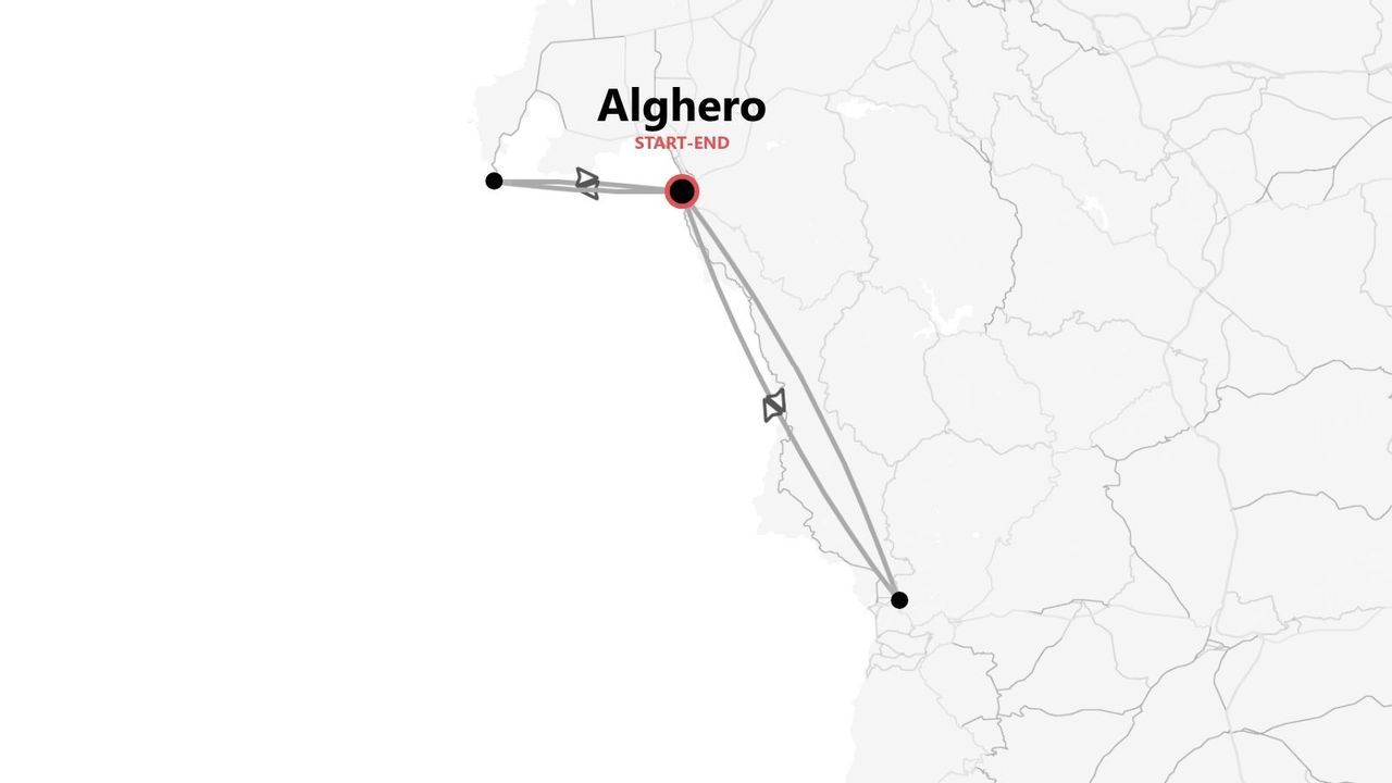 Mappa minimalista che mostra un itinerario di viaggio circolare con partenza e arrivo ad Alghero.