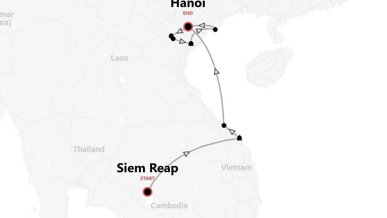 Una mappa dell'itinerario di viaggio da Siem Reap, Cambogia, ad Hanoi, Vietnam.