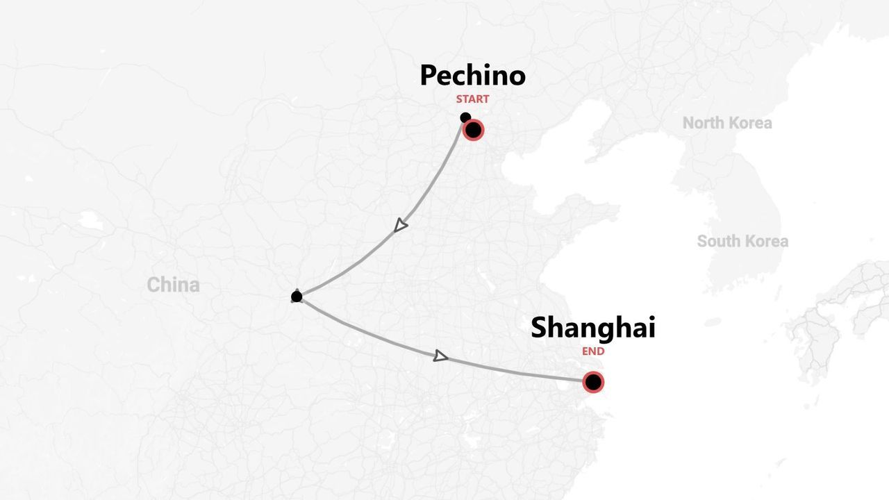 Una mappa della Cina che mostra un itinerario con partenza da Pechino e arrivo a Shanghai.