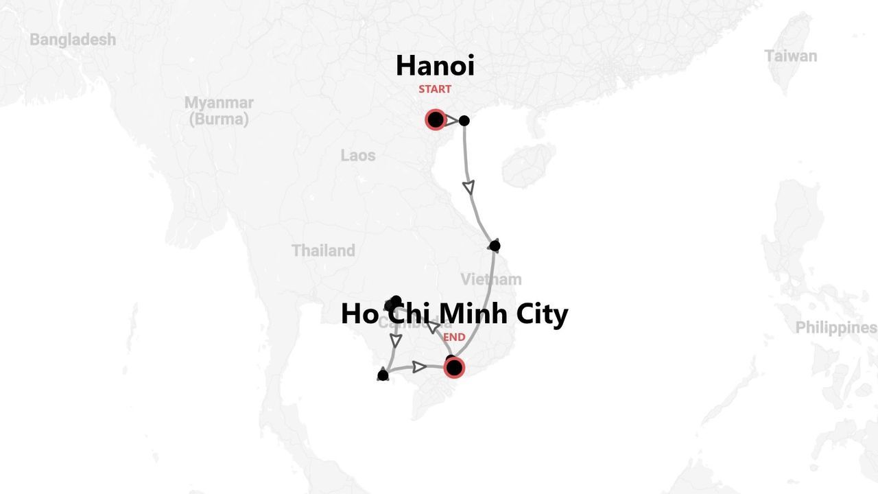 Una mappa che mostra un itinerario di viaggio attraverso il Vietnam, con partenza da Hanoi e arrivo a Ho Chi Minh City.