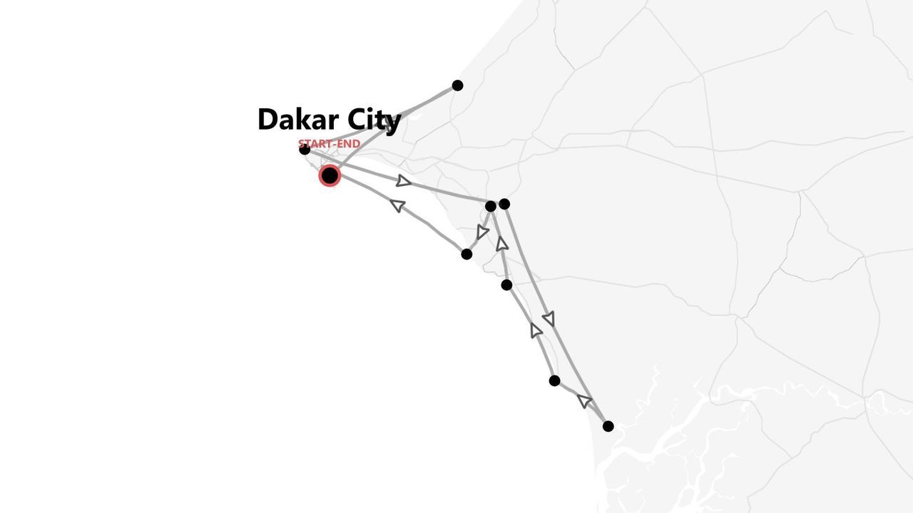 Una mappa minimalista che illustra un itinerario di viaggio. Il percorso, segnalato da frecce e tappe, parte e arriva a Dakar.