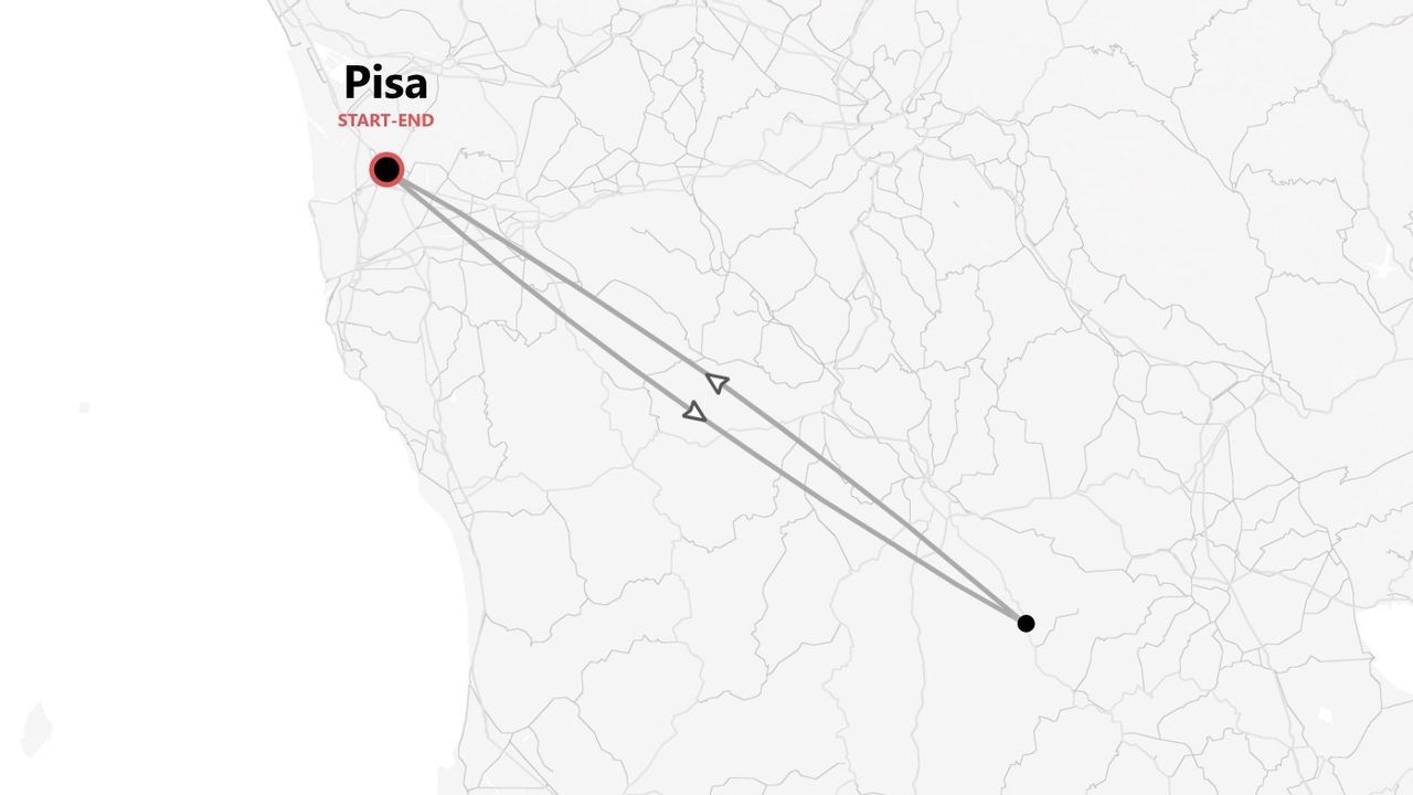 Mappa minimalista che mostra un itinerario circolare con partenza e arrivo a Pisa.