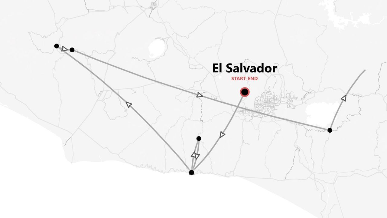 Mappa minimalista di El Salvador con itinerario di viaggio, tappe e punto di partenza/arrivo evidenziato in rosso.