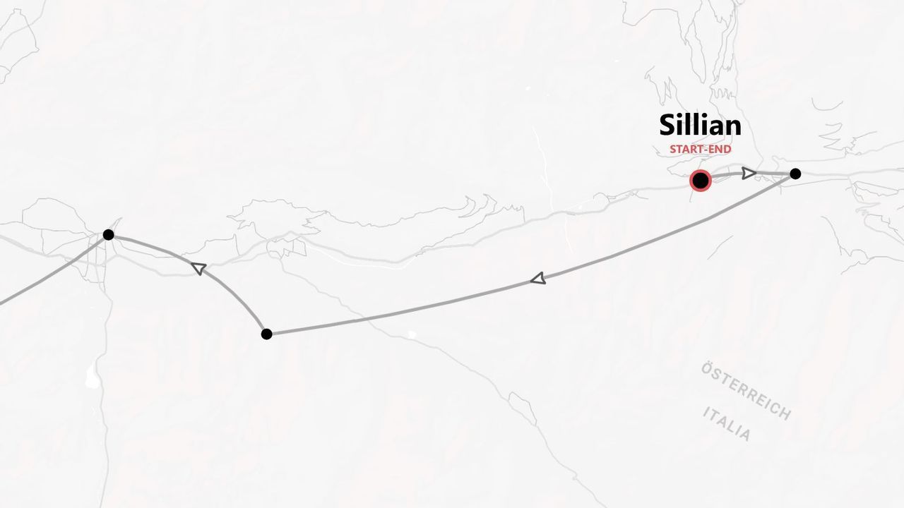 Una mappa minimalista che mostra un percorso di viaggio che inizia e finisce a Sillian, Austria, vicino al confine con l'Italia.