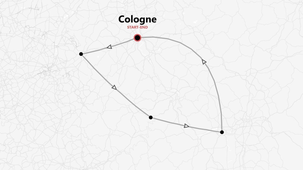 Una mappa che mostra un itinerario di viaggio con più tappe, con inizio e fine a Colonia.