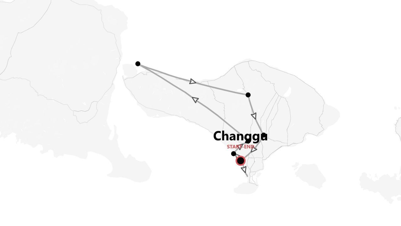 Una mappa minimalista che illustra un itinerario di viaggio in grigio e rosso. Il percorso inizia e termina a Changga, collegando vari punti.