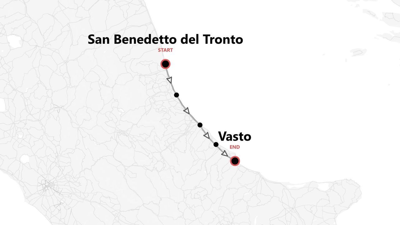Mappa minimalista che mostra un itinerario di viaggio con punto di partenza a San Benedetto del Tronto e punto di arrivo a Vasto.