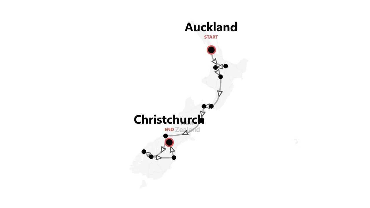 Una mappa della Nuova Zelanda che mostra un itinerario di viaggio con partenza da Auckland e arrivo a Christchurch.