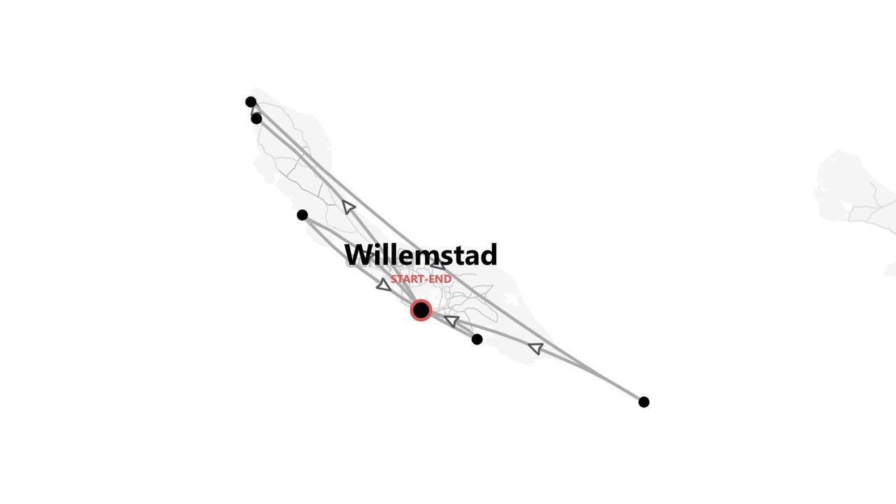 Una mappa minimalista che illustra un itinerario di viaggio con partenza e arrivo a Willemstad.