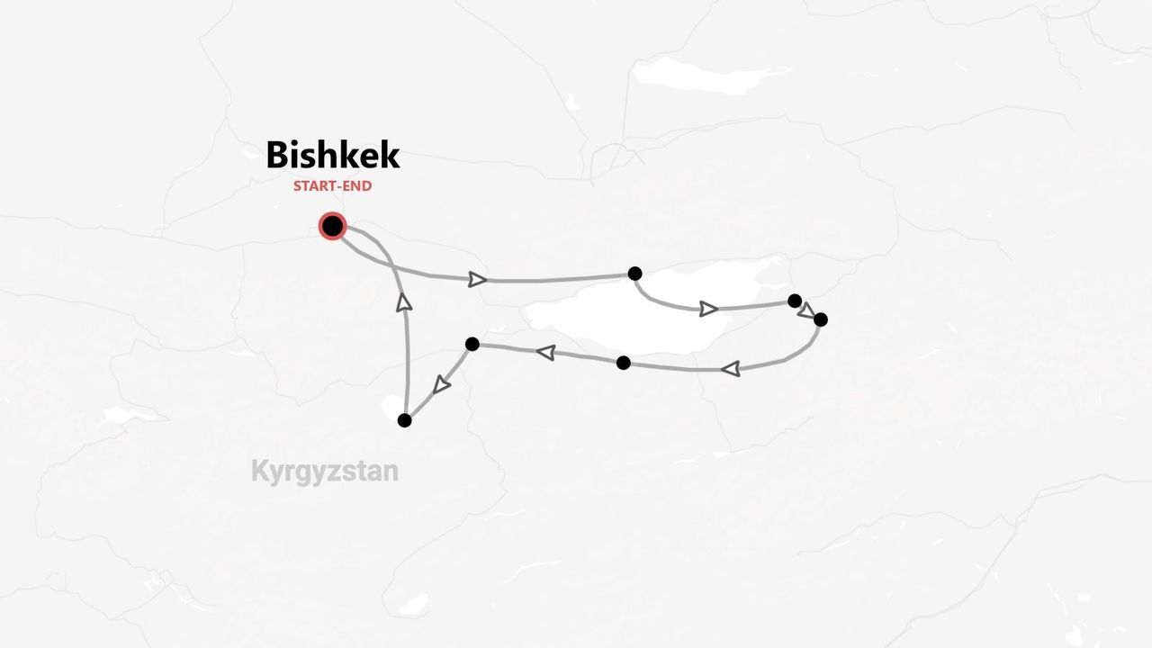 Mappa minimalista di un itinerario di viaggio in Kirghizistan, con partenza e arrivo a Bishkek.