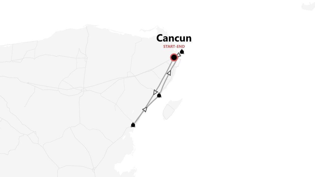Mappa di itinerario di viaggio minimalista che mostra un percorso con inizio e fine a Cancun, tracciato con punti tappa su uno sfondo grigio chiaro.