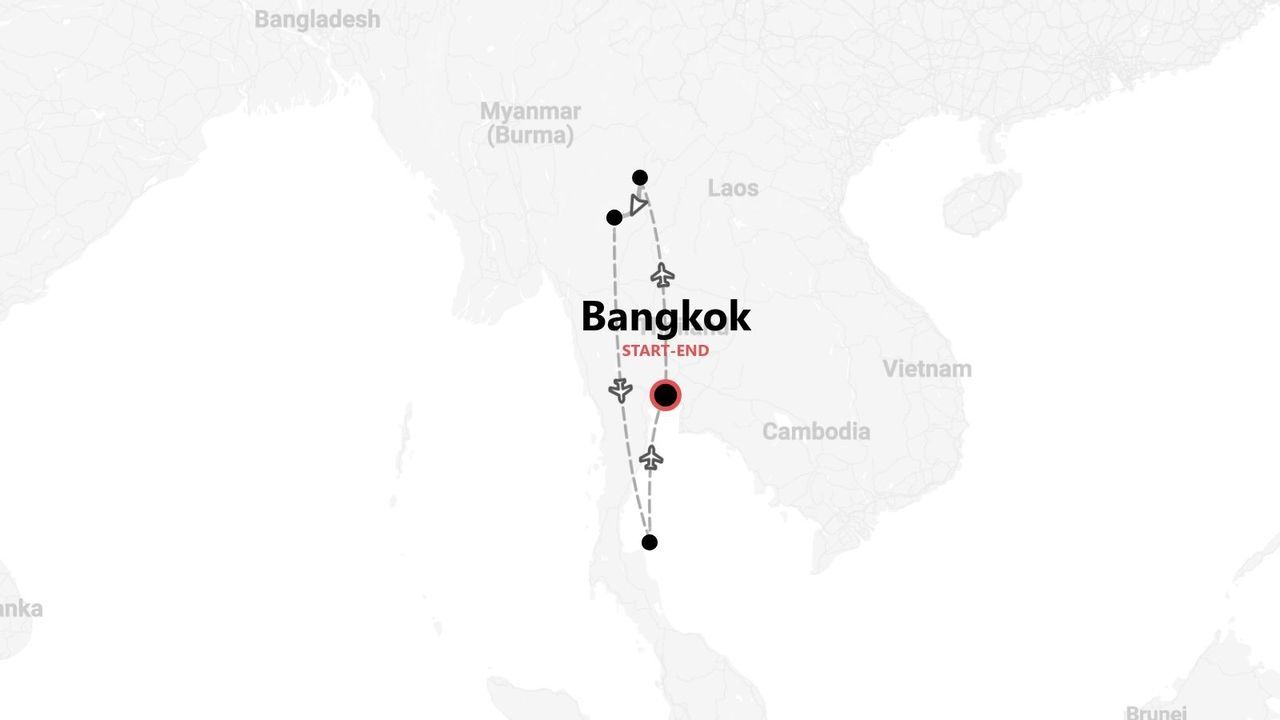 Mappa di un itinerario turistico in Thailandia, con partenza e arrivo a Bangkok, incluse tappe e voli.