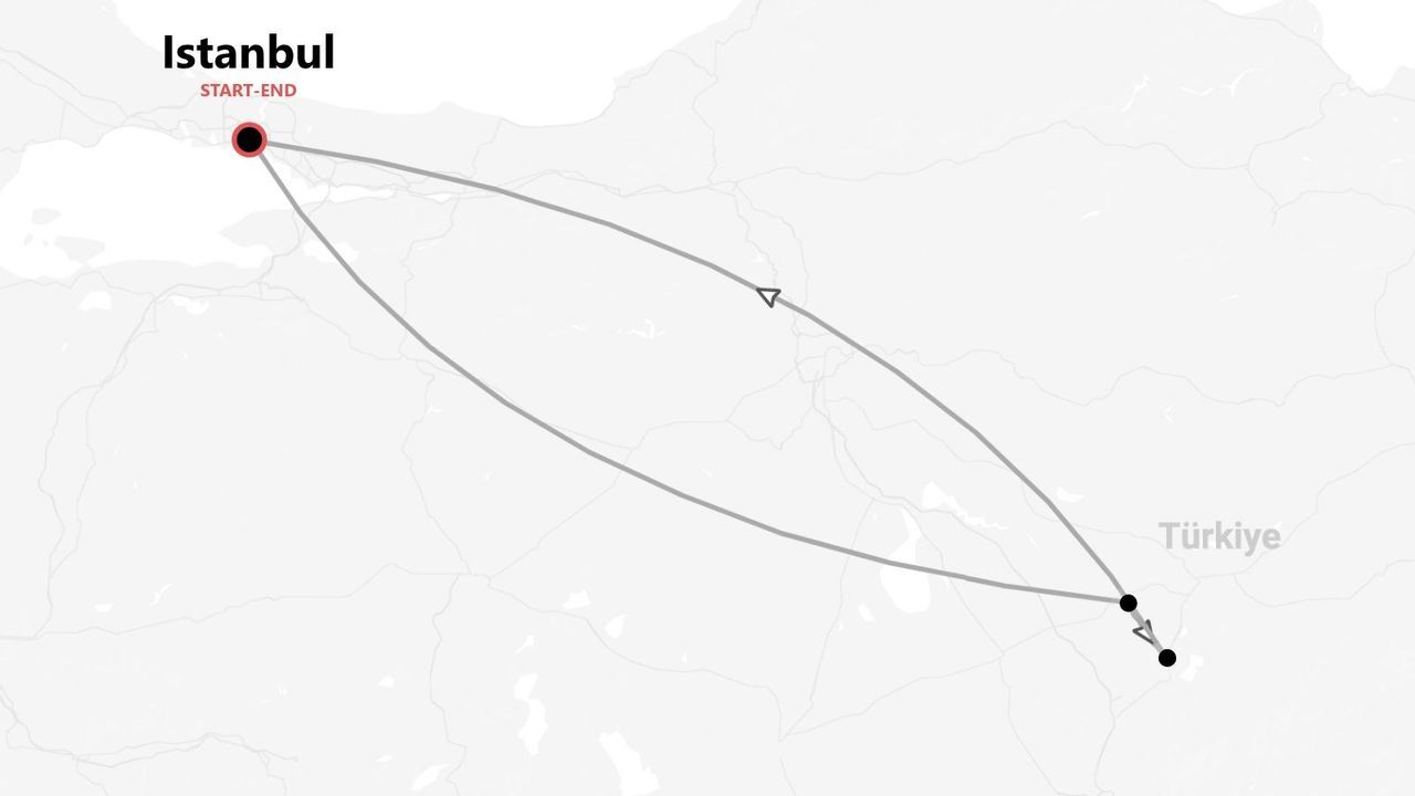 Una mappa minimalista della Turchia che mostra un itinerario di viaggio circolare che inizia e finisce a Istanbul.