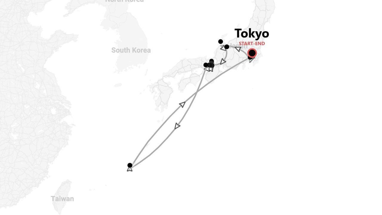 Mappa del Giappone che mostra un itinerario turistico che inizia e finisce a Tokyo, con più tappe indicate lungo il percorso.