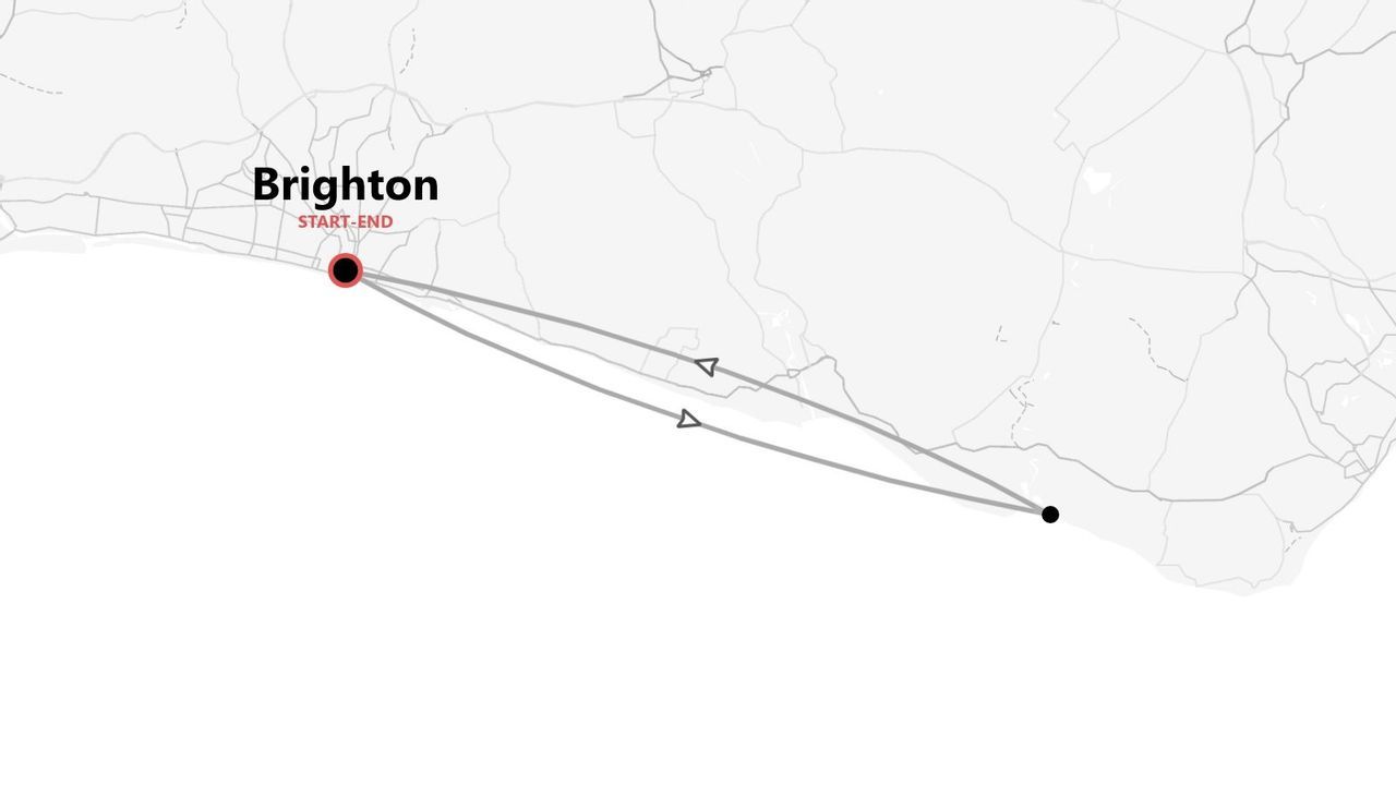 Mappa stilizzata che illustra un itinerario di viaggio di andata e ritorno con partenza e arrivo a Brighton.