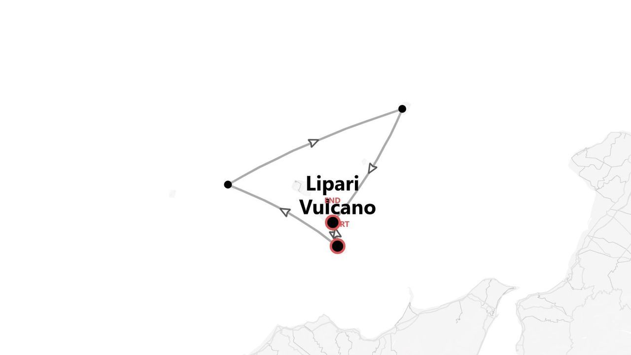 Una mappa minimalista che illustra un itinerario di viaggio triangolare tra Lipari e Vulcano, con punti di partenza e arrivo segnati.