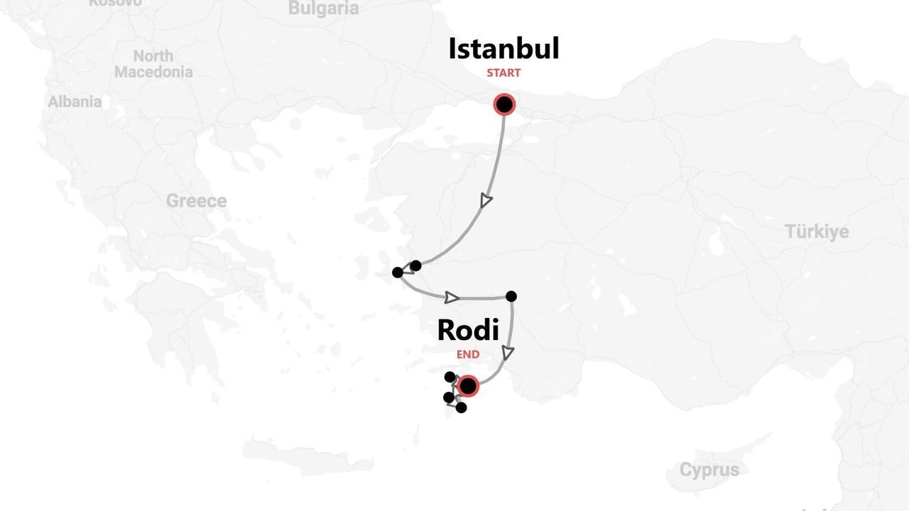 Mappa di un percorso di viaggio da Istanbul, Turchia, a Rodi, Grecia.