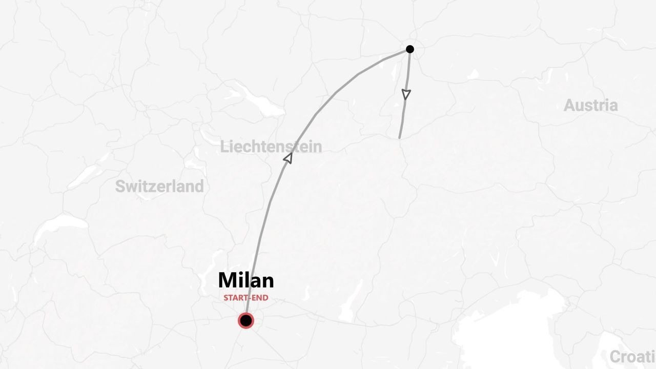 Mappa di un itinerario di viaggio con partenza e arrivo a Milano, che attraversa il Liechtenstein e l'Austria