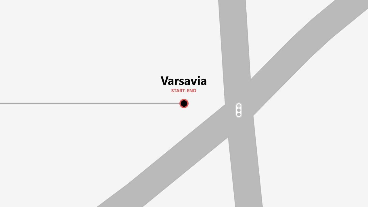 Mappa grafica minimalista del percorso di un viaggio a Varsavia, punto di partenza e arrivo.