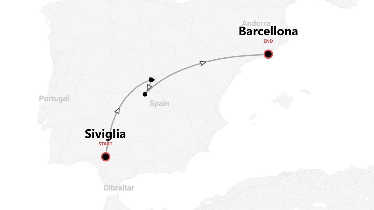 Una mappa della Spagna che illustra un itinerario di viaggio con partenza da Siviglia e arrivo a Barcellona, con tappe intermedie.