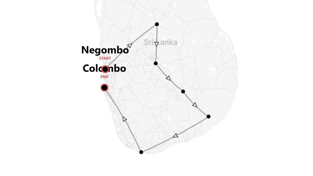 Mappa stilizzata dello Sri Lanka con itinerario di viaggio da Negombo a Colombo.