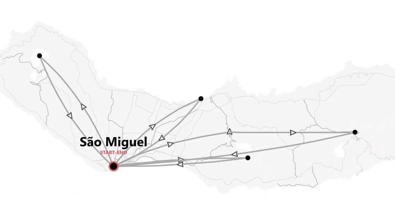 Una mappa in scala di grigi dell'isola di São Miguel che mostra un itinerario di viaggio a più tappe che inizia e finisce nella stessa località.