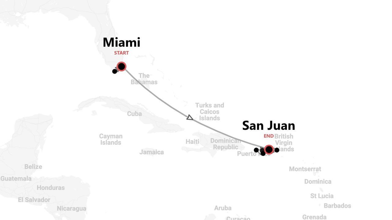 Mappa di un itinerario di viaggio da Miami a San Juan, attraverso i Caraibi.