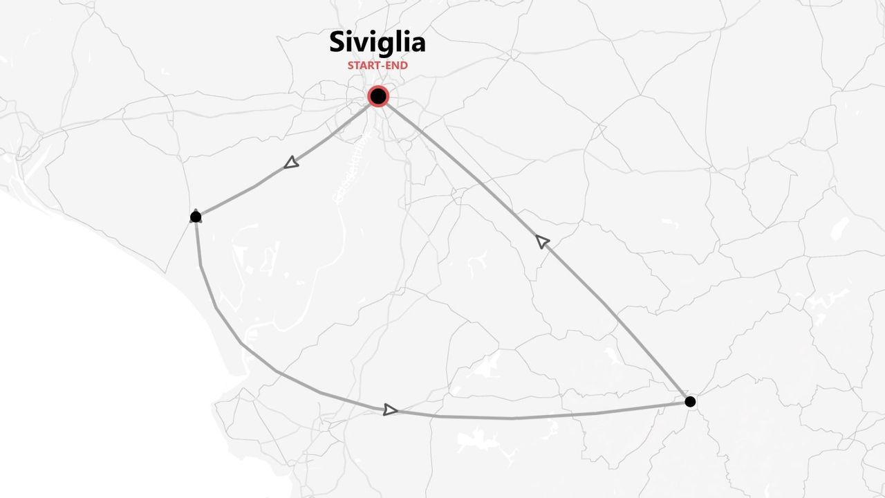 Una mappa stilizzata che mostra un itinerario di viaggio circolare con partenza e arrivo a Siviglia, collegando altre due tappe.