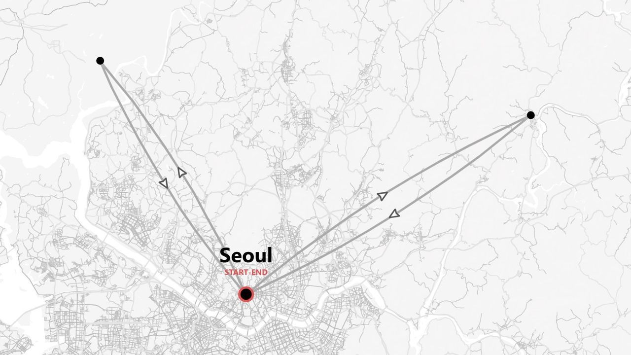 Mappa di un itinerario di viaggio con partenza e arrivo a Seoul, che mostra due escursioni separate di andata e ritorno.