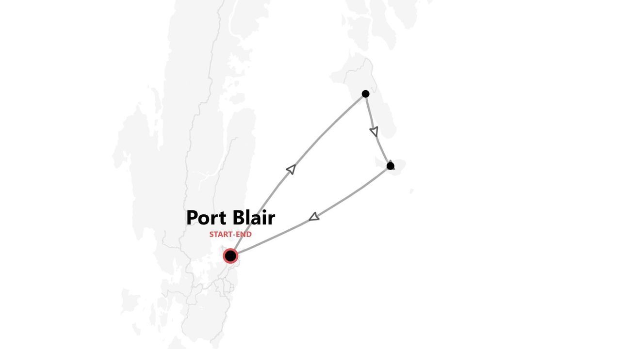 Una mappa minimalista che illustra un itinerario di viaggio. Il percorso, segnato con linee e frecce, inizia e finisce a Port Blair.