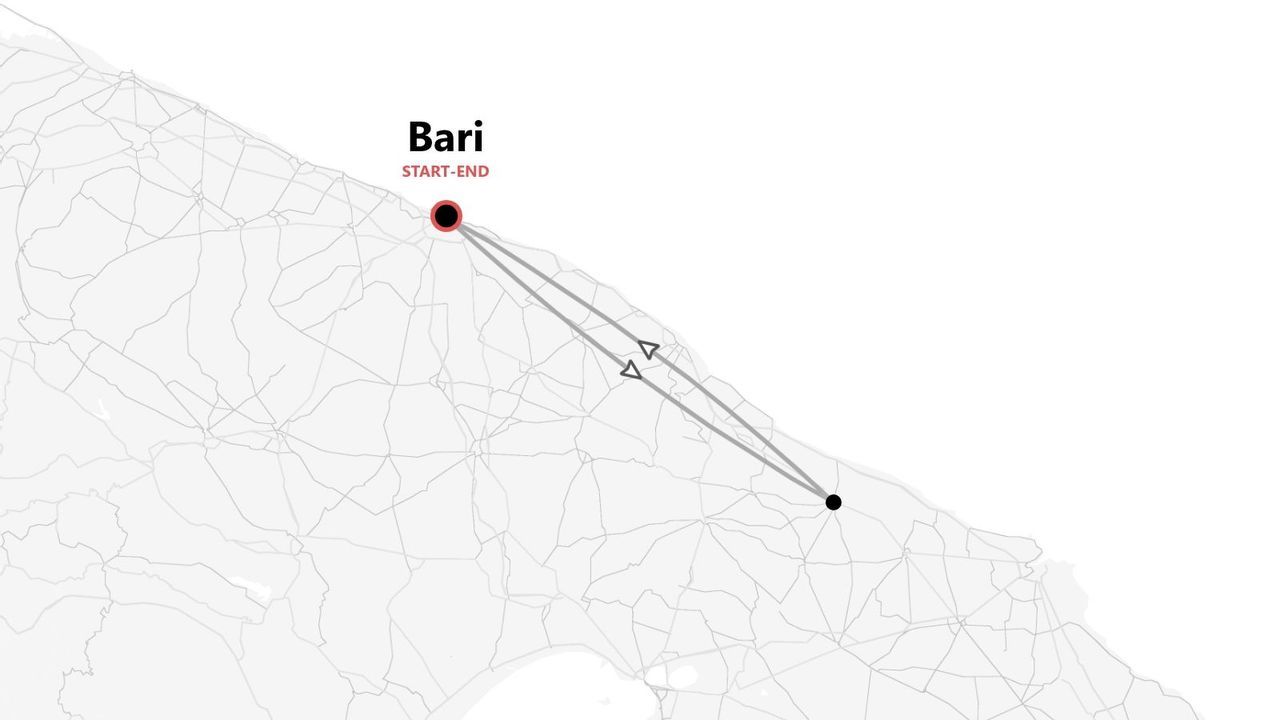 Una mappa minimalista che mostra un itinerario di viaggio di andata e ritorno. Il percorso inizia e finisce a Bari, indicato da un punto rosso.