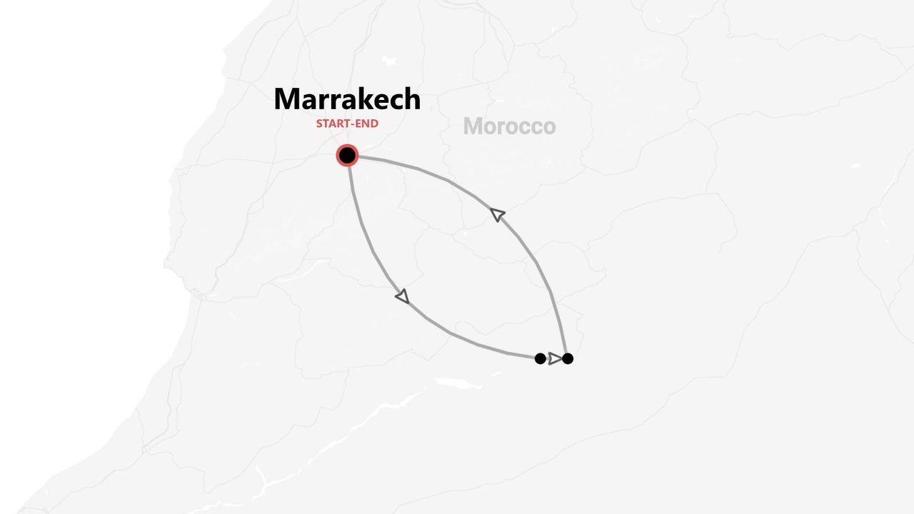 Una mappa minimalista del Marocco con un itinerario di viaggio di andata e ritorno che inizia e finisce a Marrakech.