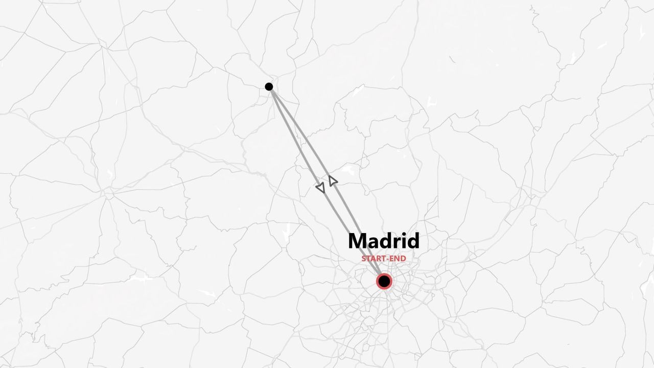 Una mappa semplificata che mostra un itinerario di viaggio di andata e ritorno con partenza e arrivo a Madrid.